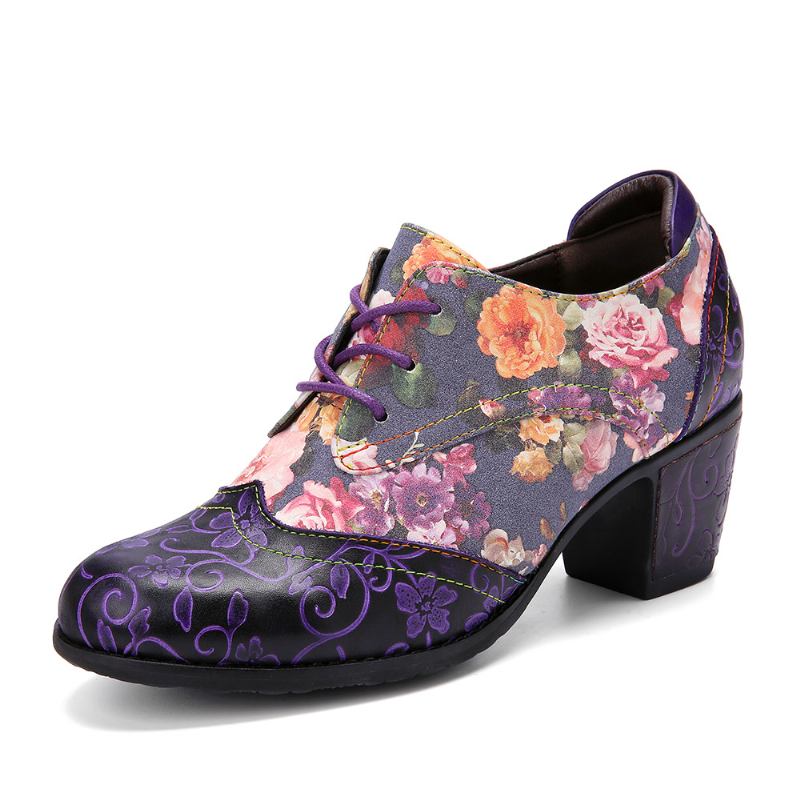 Kvinnor Retro Blommor Med Tryck Läder Splicing Mjuka Skulpterade Chunky Heels