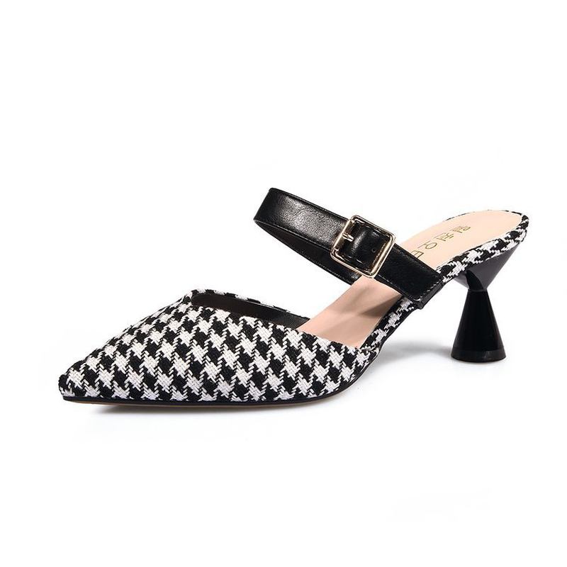 Kvinnor Retro Elegant Lattice Mönster Spetsig Tå Backless Cone Heel Shoes