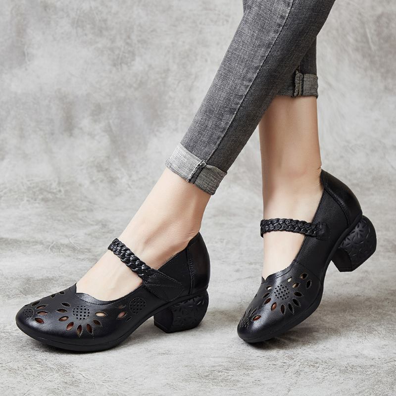 Läderutskärning Floral Flätad Justerbar Ankelrem Chunky Heel D'orsay Pumps