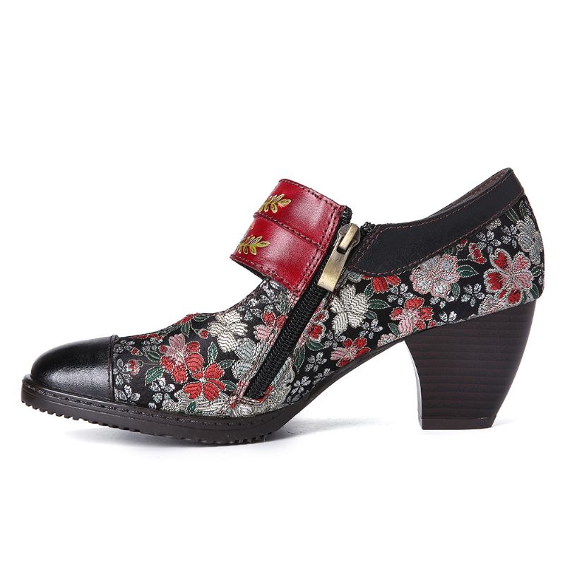 Retro Blommor Med Tryck Bead Spänne Rem Äkta Läder Låg Klack Zipper Pumps