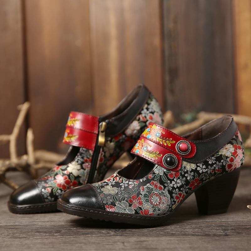 Retro Blommor Med Tryck Bead Spänne Rem Äkta Läder Låg Klack Zipper Pumps