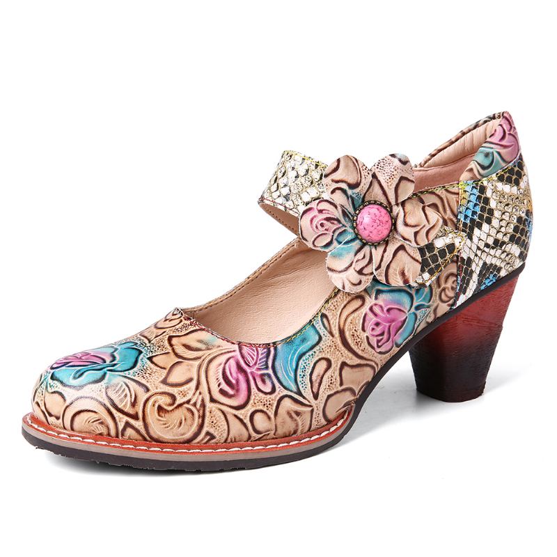 Retro Läder Floral Splicing Ormskinn Rund Tå Chunky Heel Pumps