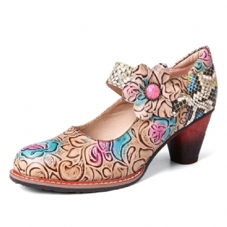 Retro Läder Floral Splicing Ormskinn Rund Tå Chunky Heel Pumps