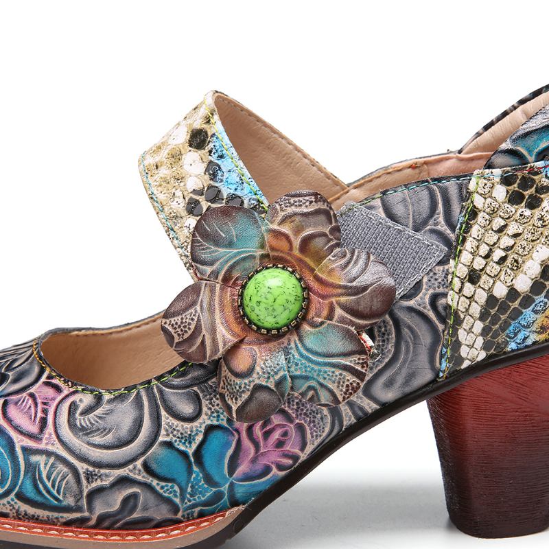 Retro Läder Floral Splicing Ormskinn Rund Tå Chunky Heel Pumps