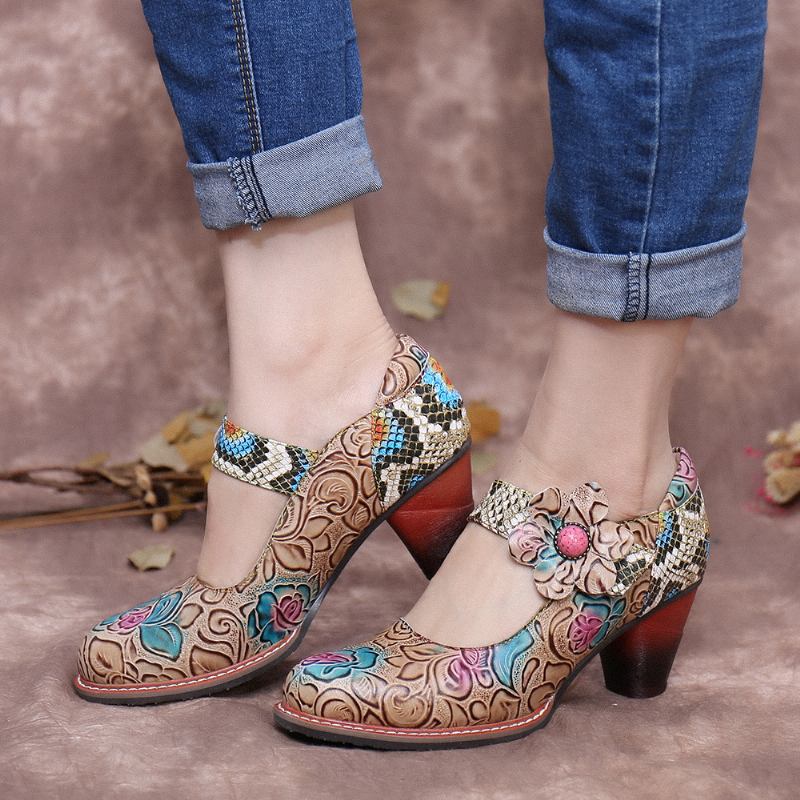 Retro Läder Floral Splicing Ormskinn Rund Tå Chunky Heel Pumps