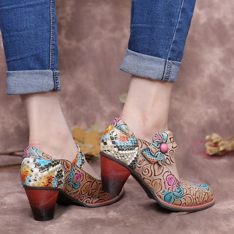 Retro Läder Floral Splicing Ormskinn Rund Tå Chunky Heel Pumps