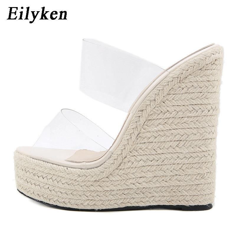 Sommar Pvc Transparent Peep Toe Käpp Halm Väv Plattform Kilar Tofflor Sandaler Dammode Höga Klackar Damskor