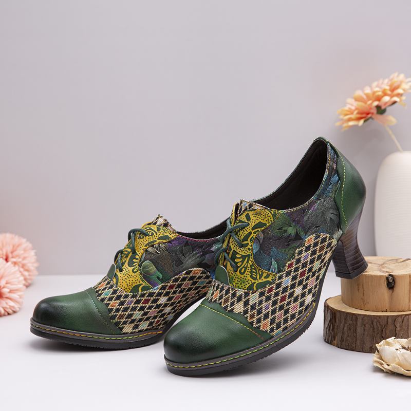 Vintage Läder Floral Pläd Splicing Lace-up Grön Chunky Heel Pumps