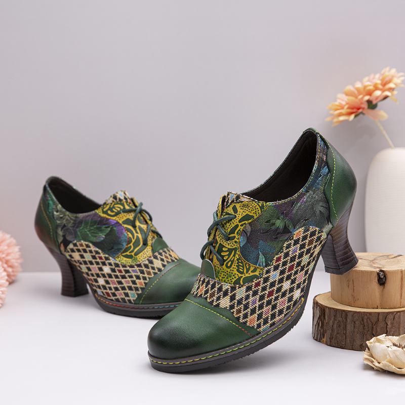 Vintage Läder Floral Pläd Splicing Lace-up Grön Chunky Heel Pumps