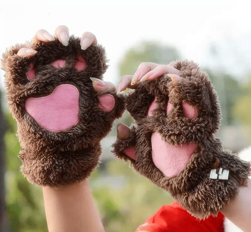 Kvinnor Flickor Fluffig Plysch Bear Katt Paw Fingerless Handskar Paw Glove Vintervarma Vantar