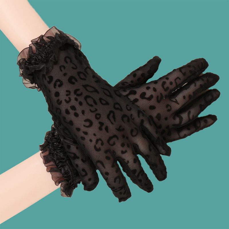 Kvinnor Polyester Bomull Spets Leopard Mönster Solskydd Andas Kort Full Finger Handskar