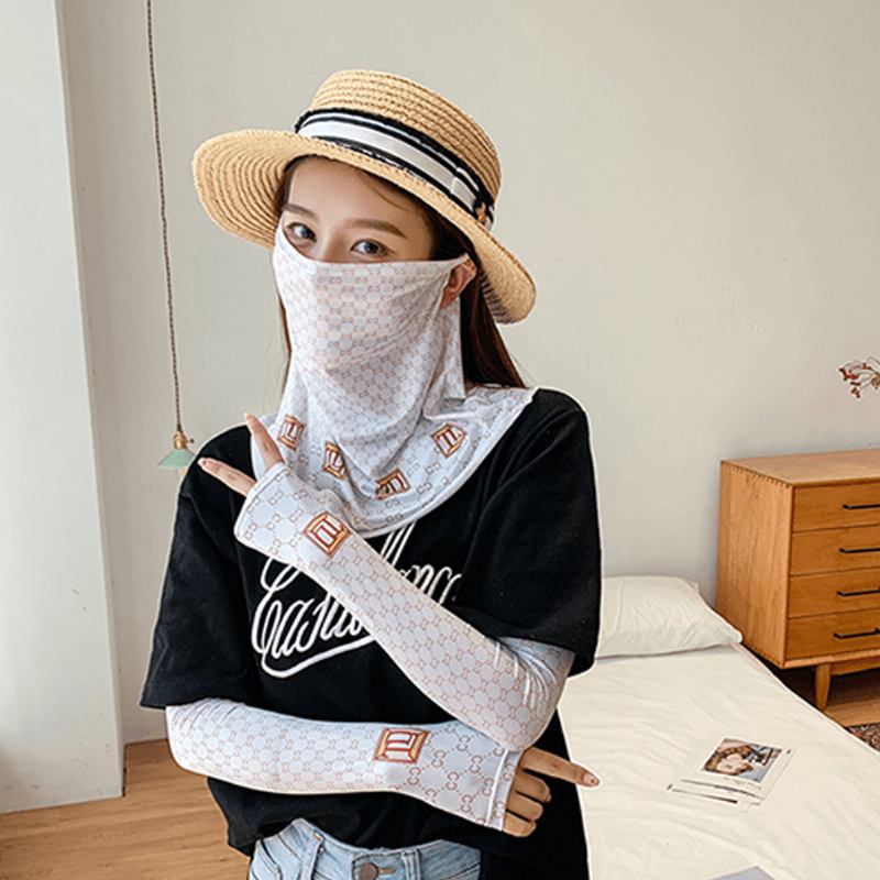 Kvinnor Solskyddsmedel Sommar Utomhus Ice Silk Hand Sleeve Arm Guard Sleeve Andningsskydd Face Veil Mask