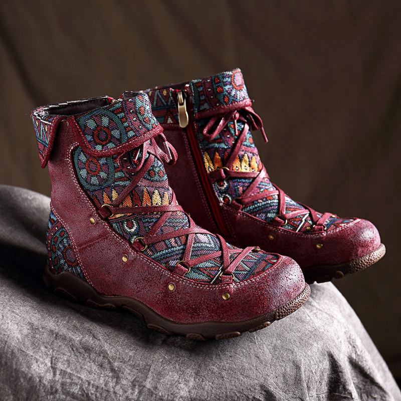 Äkta Läder Splicing Jacquard Mönster Dragkedja Ankel Boots