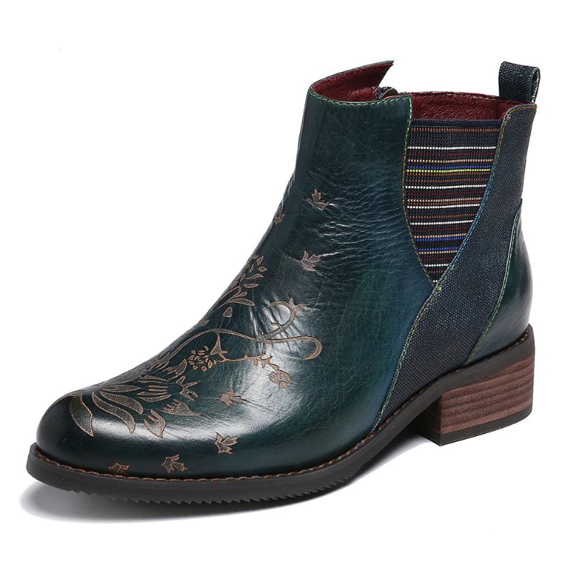 Dam Retro Blommor Stitching Elastiska Band Ankel Boots