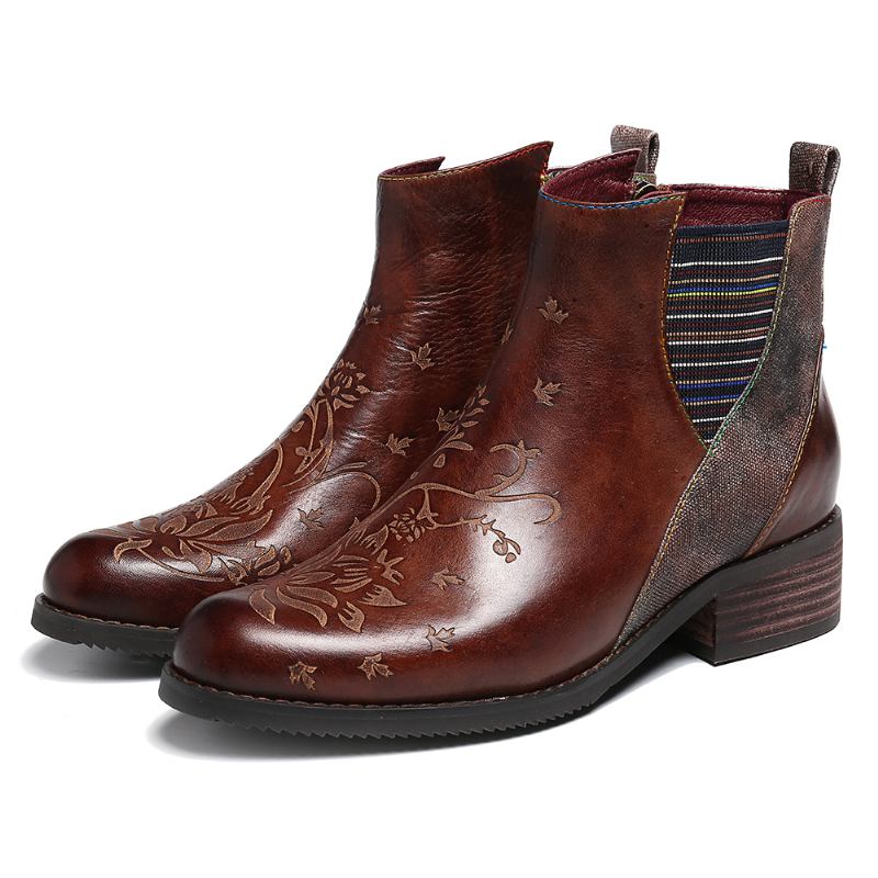 Dam Retro Blommor Stitching Elastiska Band Ankel Boots