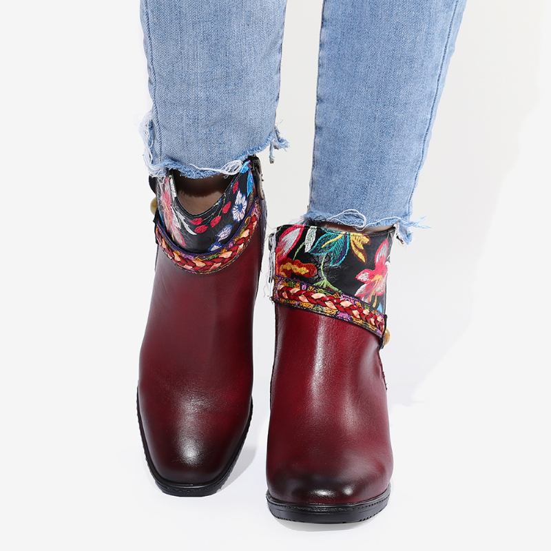 Damblommiga Burgundy Spänne Deco Square Toe Varmfodrade Dragkedja Ankel Boots