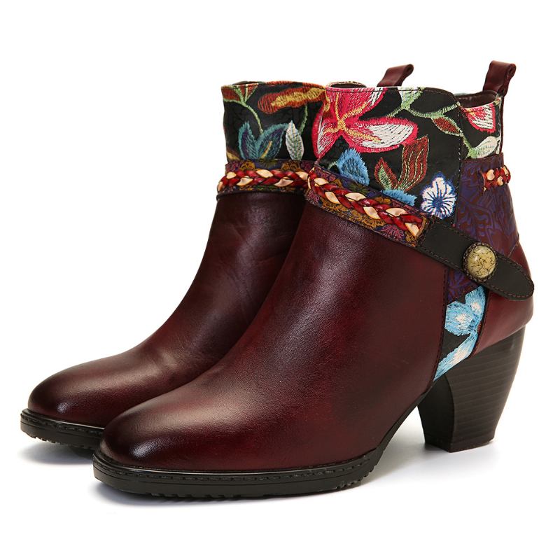 Damblommiga Burgundy Spänne Deco Square Toe Varmfodrade Dragkedja Ankel Boots