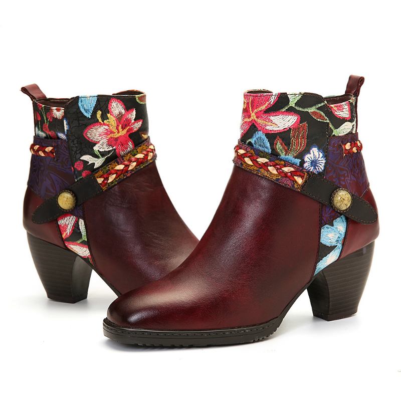 Damblommiga Burgundy Spänne Deco Square Toe Varmfodrade Dragkedja Ankel Boots