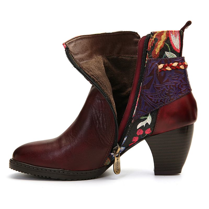 Damblommiga Burgundy Spänne Deco Square Toe Varmfodrade Dragkedja Ankel Boots