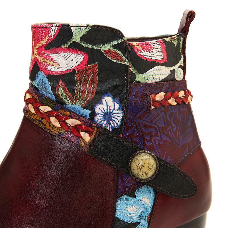 Damblommiga Burgundy Spänne Deco Square Toe Varmfodrade Dragkedja Ankel Boots