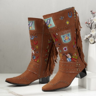 Folkways Broderad Rygg Tofs Deocr Bärbara Chunky Heel Mid-calf Boots