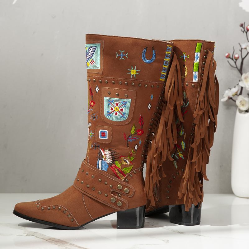 Folkways Broderad Rygg Tofs Deocr Bärbara Chunky Heel Mid-calf Boots