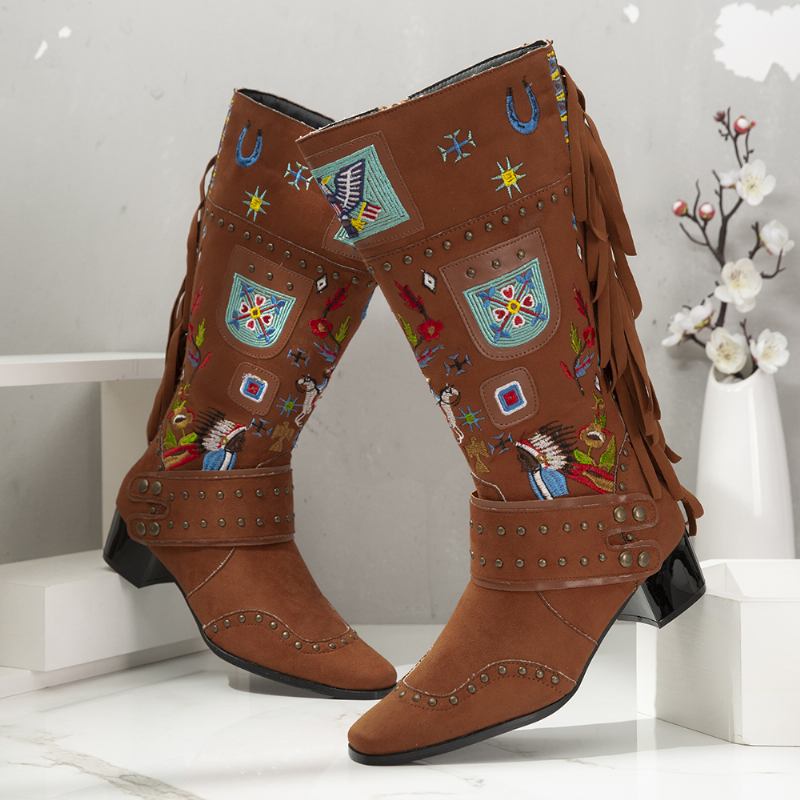 Folkways Broderad Rygg Tofs Deocr Bärbara Chunky Heel Mid-calf Boots