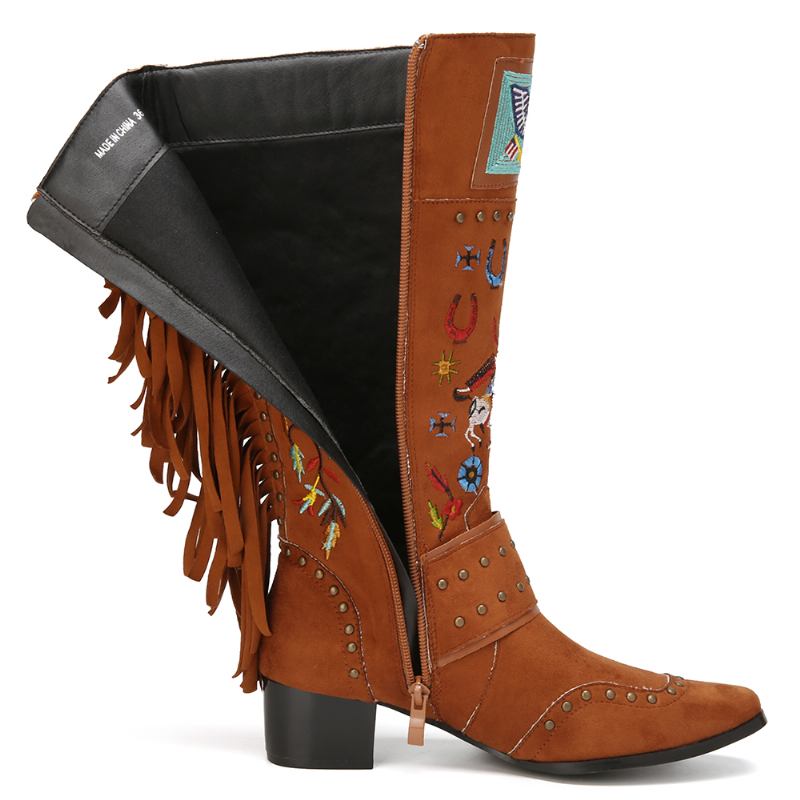 Folkways Broderad Rygg Tofs Deocr Bärbara Chunky Heel Mid-calf Boots