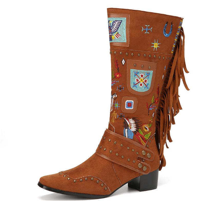 Folkways Broderad Rygg Tofs Deocr Bärbara Chunky Heel Mid-calf Boots