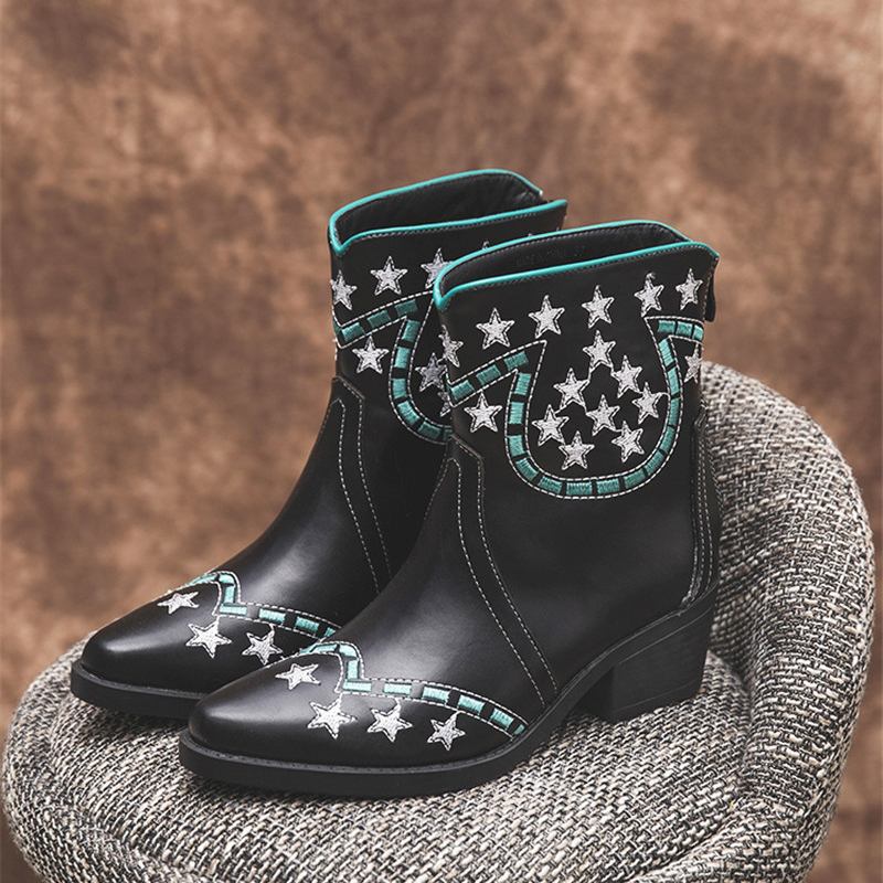 Folkways Stars Mönster Spetsad Tå Chunky Heel Casual Short Boots