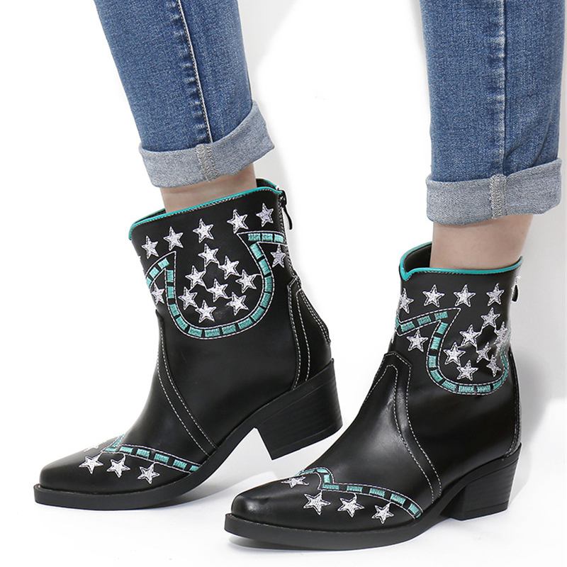 Folkways Stars Mönster Spetsad Tå Chunky Heel Casual Short Boots