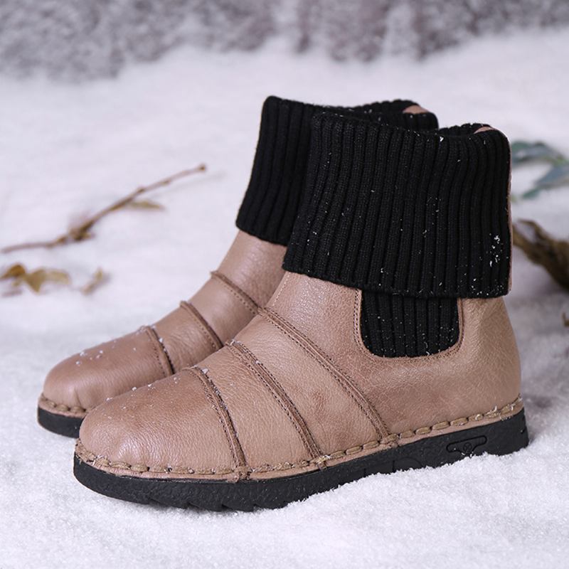 Kohud Lädersömmar Varmt Foder Slip-on Flat Snow Short Boots