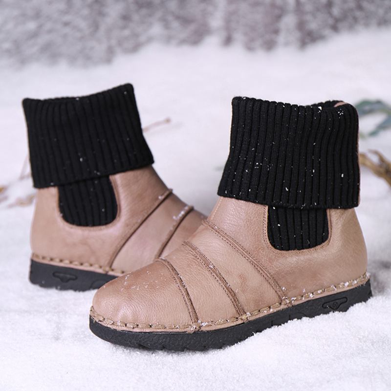 Kohud Lädersömmar Varmt Foder Slip-on Flat Snow Short Boots