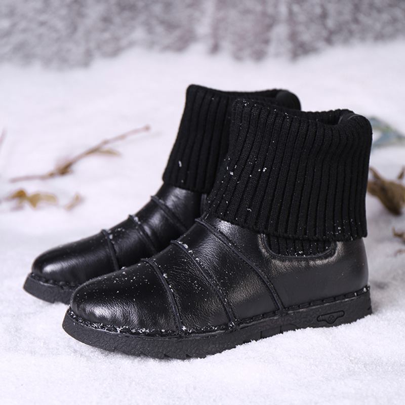 Kohud Lädersömmar Varmt Foder Slip-on Flat Snow Short Boots