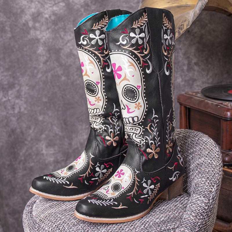 Kvinnor Färg Kartoon Tryckt Broderade Slitstarka Chunky Häl Mid-calf Boots