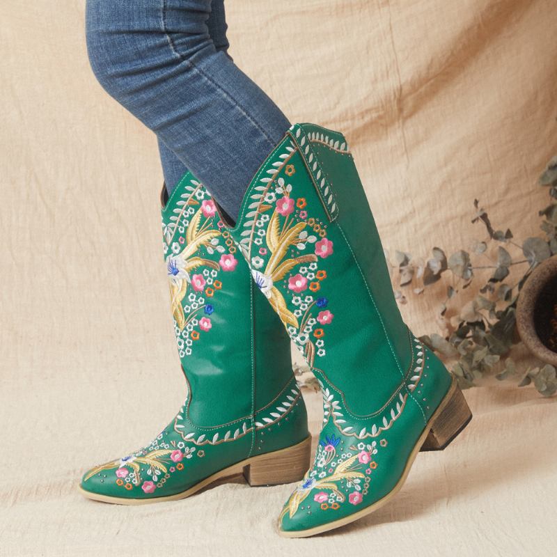 Kvinnor Läder Retro Blomstertryck Bärbara Slip On Chunky Heel Cowboystövlar Med Mitten Av Vaden