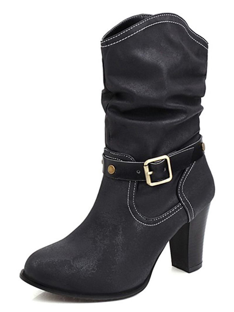 Kvinnor Metal Spänne Rem Dekor Enfärgad Chunky Heel Mid-calf Motorcykel Boots