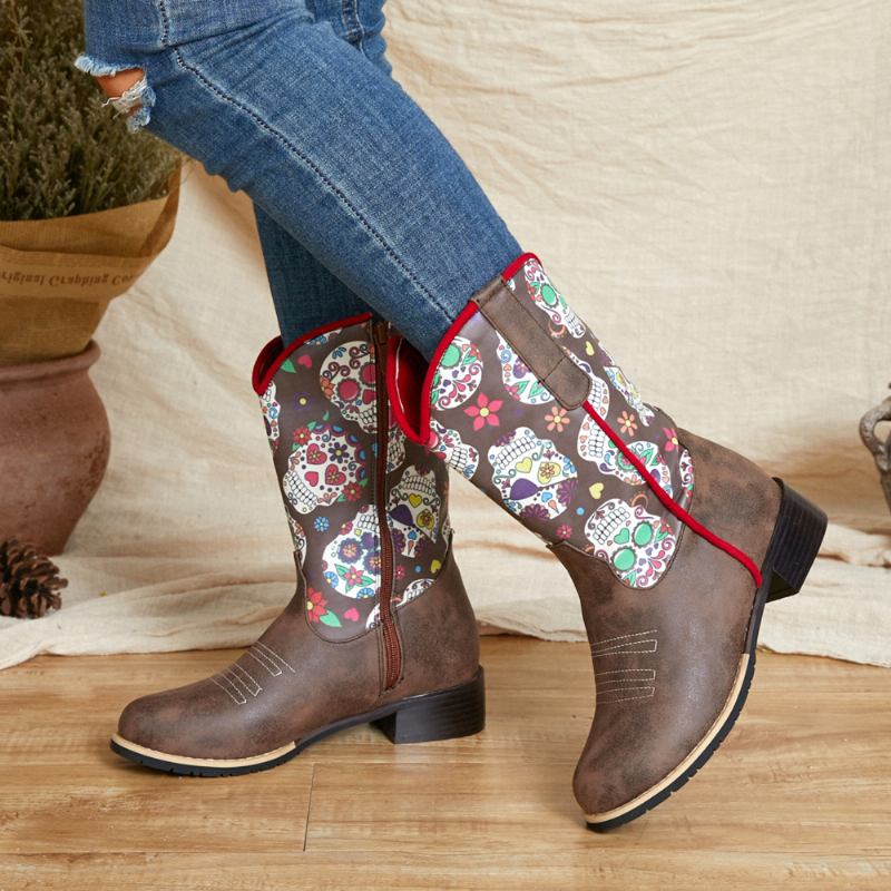 Kvinnor Retro Blomma Utskrift Spetsad Tå Dragkedja Mid-calf Cowboy Boots