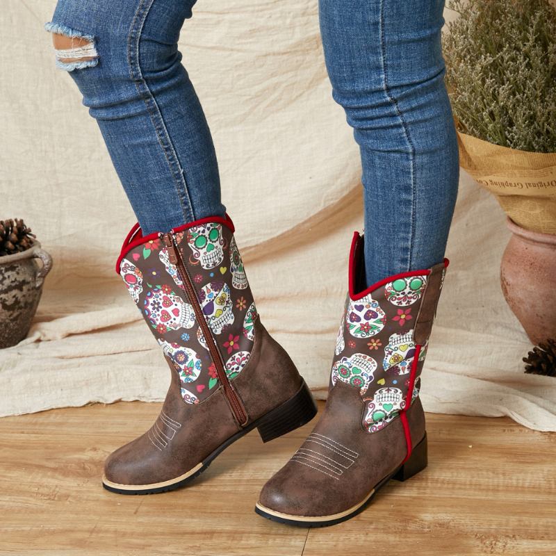 Kvinnor Retro Blomma Utskrift Spetsad Tå Dragkedja Mid-calf Cowboy Boots