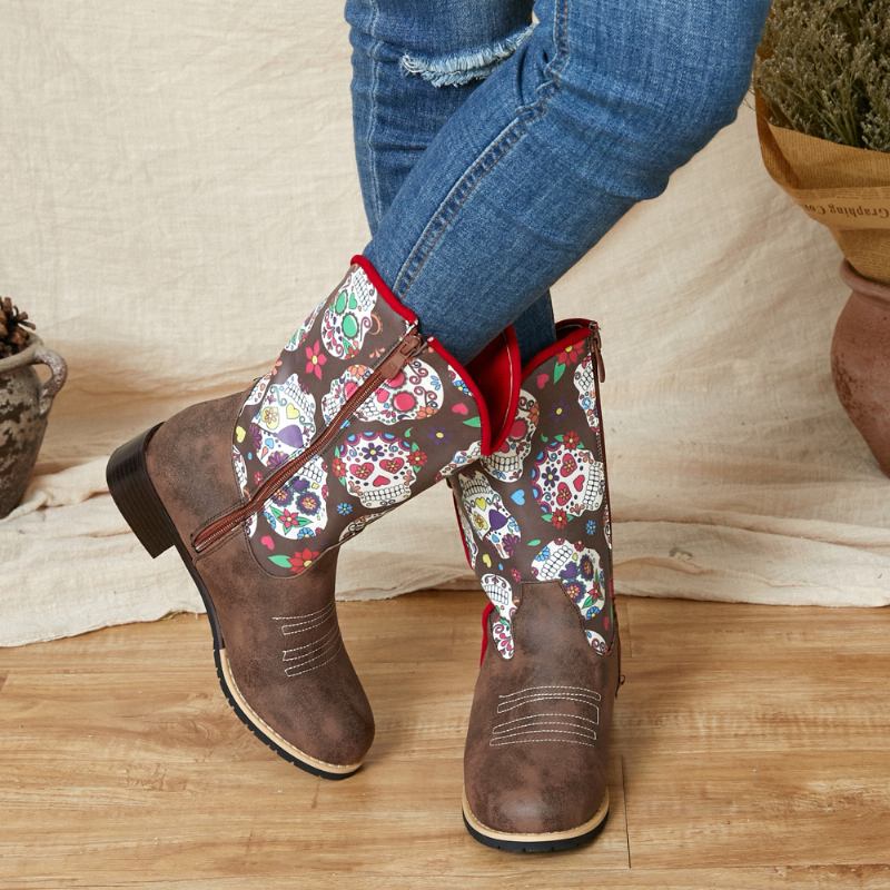 Kvinnor Retro Blomma Utskrift Spetsad Tå Dragkedja Mid-calf Cowboy Boots