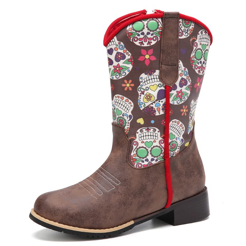 Kvinnor Retro Blomma Utskrift Spetsad Tå Dragkedja Mid-calf Cowboy Boots