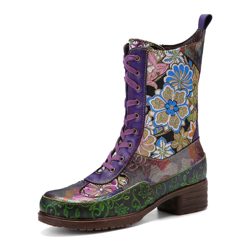 Kvinnor Retro Blommor Broderi Utskrift Läder Chunky Heels Mid-calf Boots