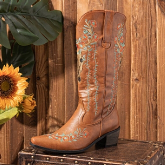 Kvinnor Retro Blommor Djurbroderi Läder Spets-toe V-cut Chunky Heel Mid-calf Knight Boots