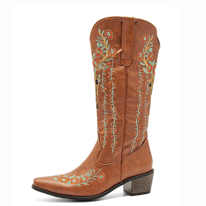 Kvinnor Retro Blommor Djurbroderi Läder Spets-toe V-cut Chunky Heel Mid-calf Knight Boots