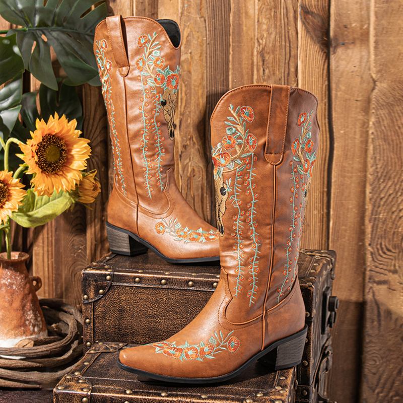 Kvinnor Retro Blommor Djurbroderi Läder Spets-toe V-cut Chunky Heel Mid-calf Knight Boots