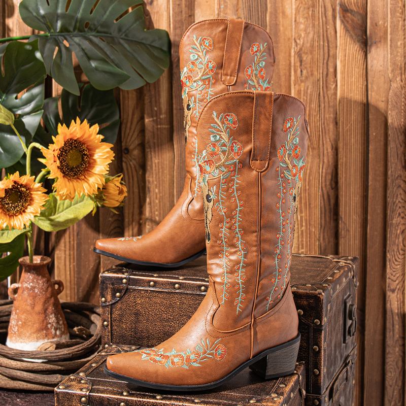 Kvinnor Retro Blommor Djurbroderi Läder Spets-toe V-cut Chunky Heel Mid-calf Knight Boots