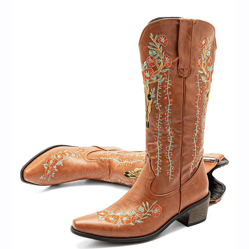 Kvinnor Retro Blommor Djurbroderi Läder Spets-toe V-cut Chunky Heel Mid-calf Knight Boots