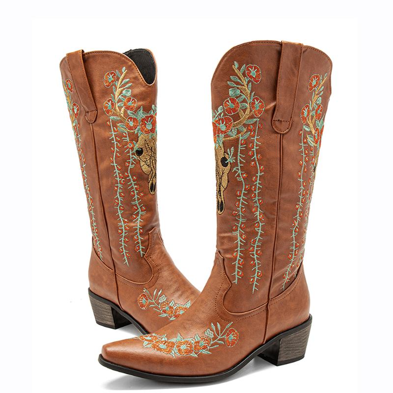 Kvinnor Retro Blommor Djurbroderi Läder Spets-toe V-cut Chunky Heel Mid-calf Knight Boots