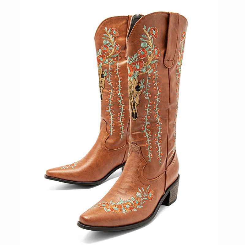 Kvinnor Retro Blommor Djurbroderi Läder Spets-toe V-cut Chunky Heel Mid-calf Knight Boots