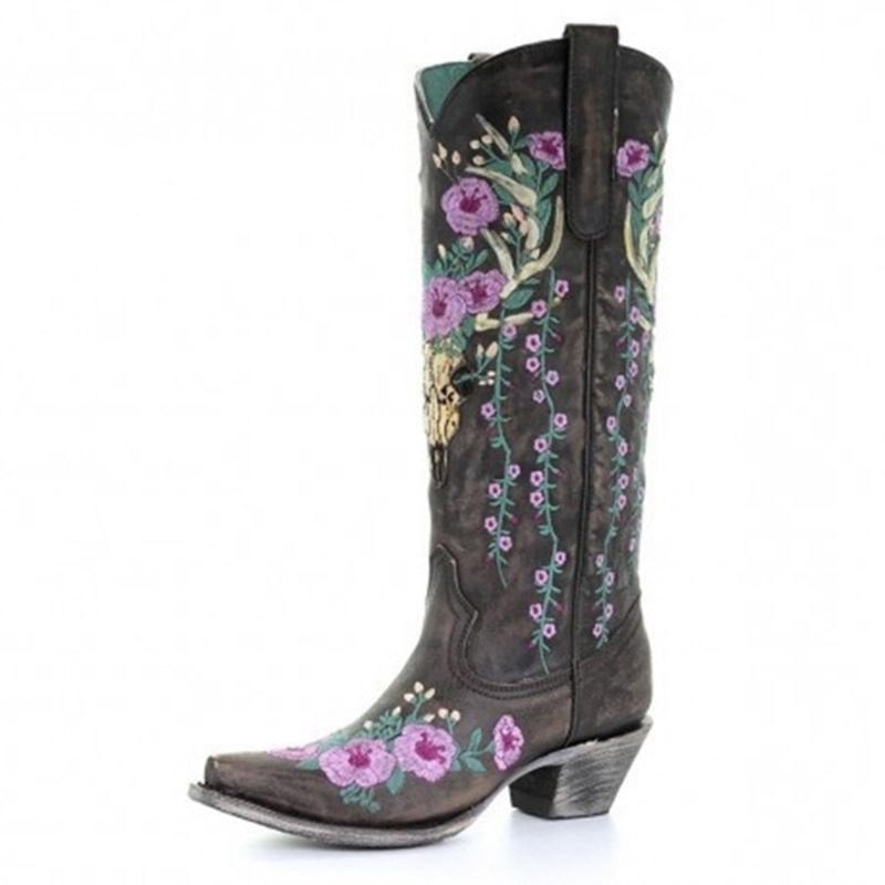 Kvinnor Retro Blommor Djurbroderi Läder Spets-toe V-cut Chunky Heel Mid-calf Knight Boots